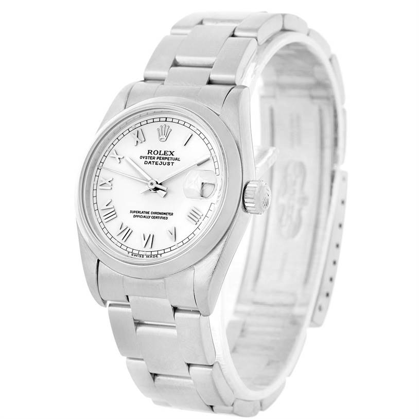 The image shows a Mid-Size Rolex Oyster Perpetual Datejust watch from an angled front view, highlighting the face and bracelet.