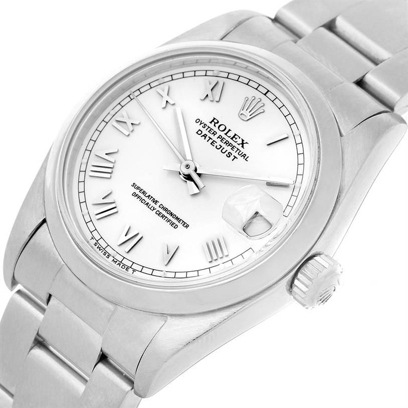 The Mid-Size Rolex Datejust watch is shown at an angle highlighting the dial, crown, and bracelet.