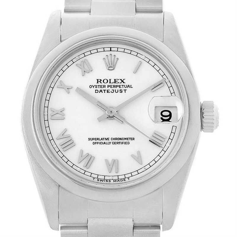 This image shows the Rolex Oyster Perpetual Datejust Mid-Size watch at a front-facing angle, highlighting the dial, crown, and part of the bracelet.