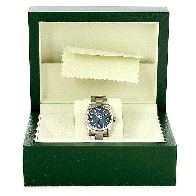 The image shows a Mid-Size Rolex watch in its green presentation box viewed from the front.