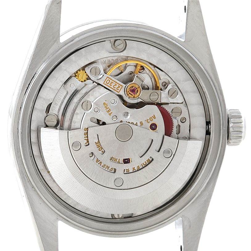 This image shows the internal movement mechanism of a Rolex Mid-Size 77080 Women's Stainless Steel Pink Dial 77080 Women's Stainless Steel Pink Dial model from a rear angle without the caseback.