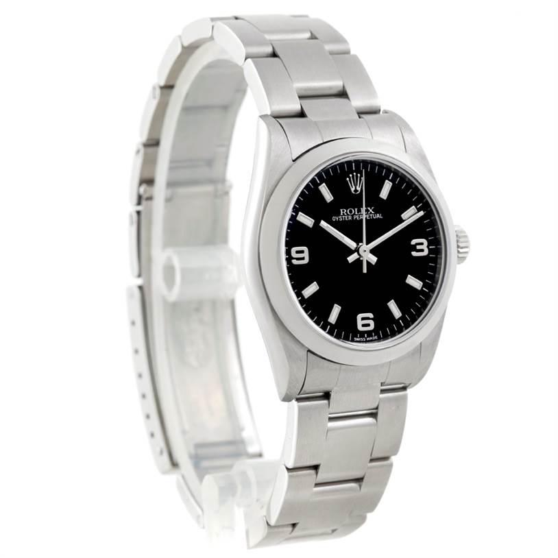 The image shows a side angle of the Rolex Mid-Size 77080 Women's Stainless Steel Black Dial 77080 Women's Stainless Steel Black Dial Oyster Perpetual, highlighting the watch face and stainless steel bracelet.