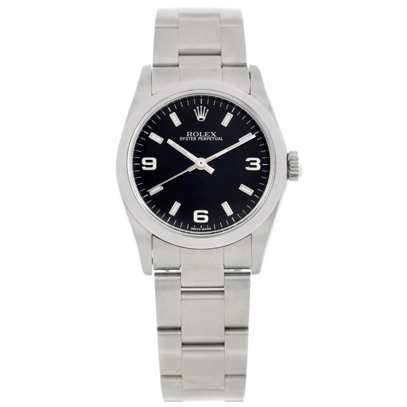 This Rolex Mid-Size 77080 Women's Stainless Steel Black Dial 77080 Women's Stainless Steel Black Dial Oyster Perpetual watch is shown from a front angle, displaying its black dial, case, and stainless steel bracelet.