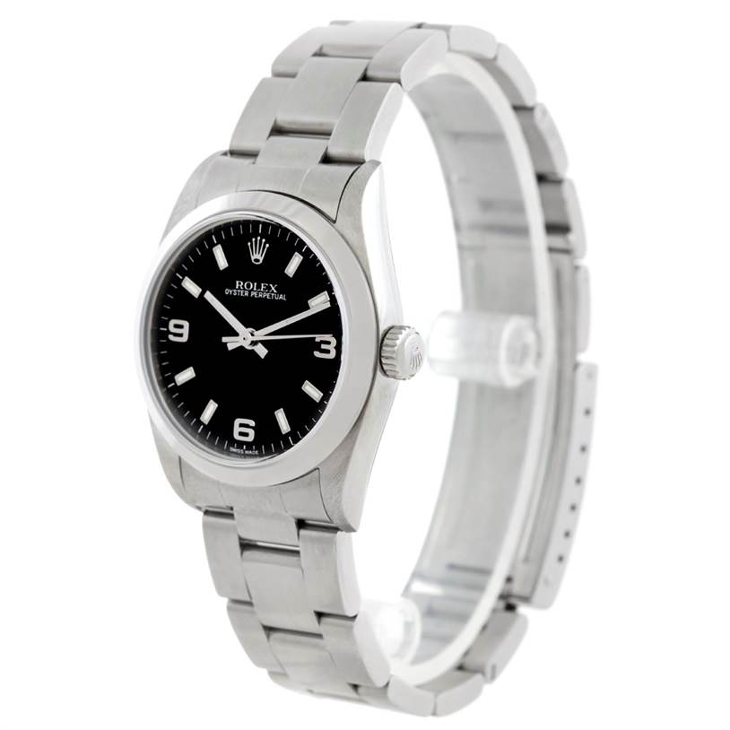 The image shows a Rolex Mid-Size 77080 Women's Stainless Steel Black Dial 77080 Women's Stainless Steel Black Dial model watch at a three-quarter angle, displaying the face, bracelet, and crown.