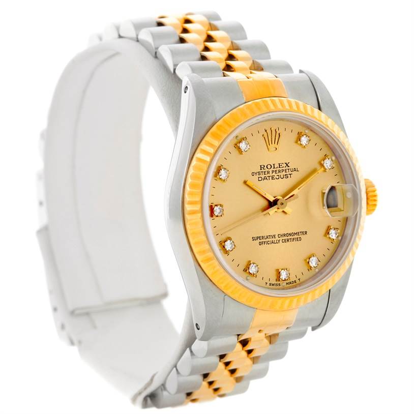 This Rolex Oyster Perpetual Datejust Mid-Size watch is shown at a slight angle, highlighting its dial, bezel, crown, and bracelet.