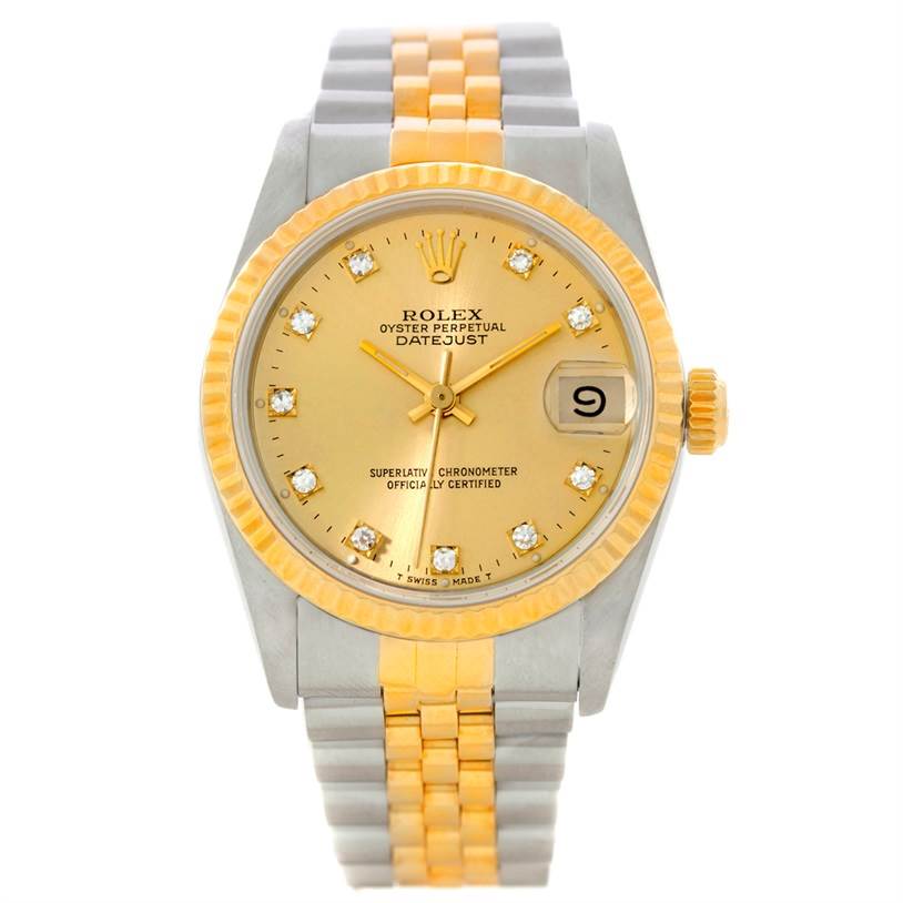 This image shows a front view of a Rolex Mid-Size 68273 Women's Stainless Steel Champagne Dial 68273 Women's Stainless Steel Champagne Dial Oyster Perpetual Datejust watch with a gold and silver bracelet.