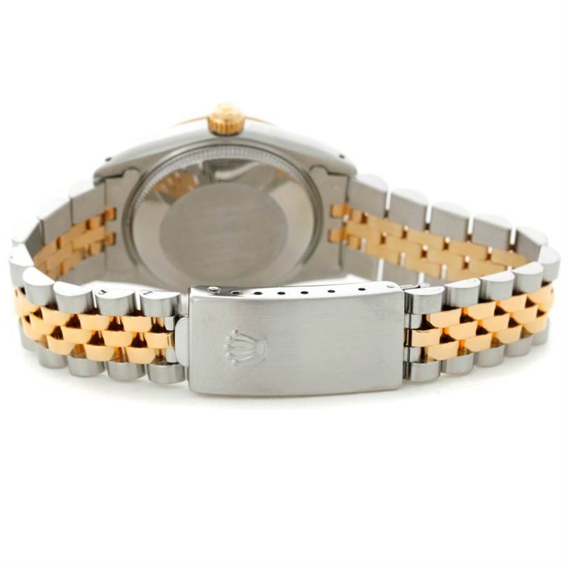 This image shows the back view of a Rolex Mid-Size 68273 Women's Stainless Steel Champagne Dial 68273 Women's Stainless Steel Champagne Dial watch, highlighting the clasp and bracelet.