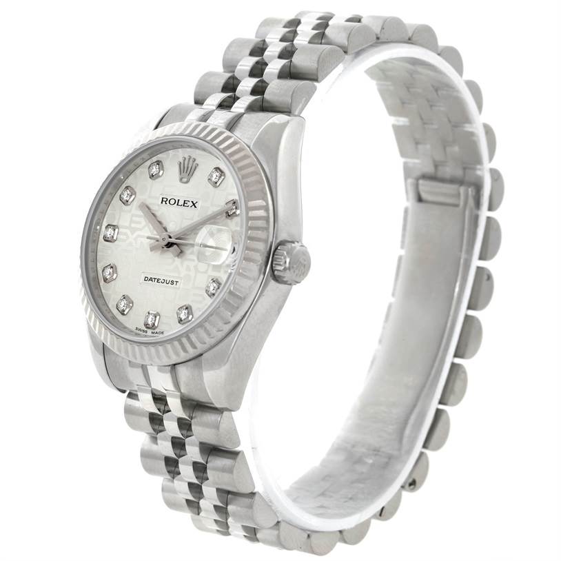 The image shows a side angle of the Rolex Mid-Size 178274 Women's Stainless Steel Silver Dial 178274 Women's Stainless Steel Silver Dial Datejust, highlighting the dial, bezel, and bracelet.