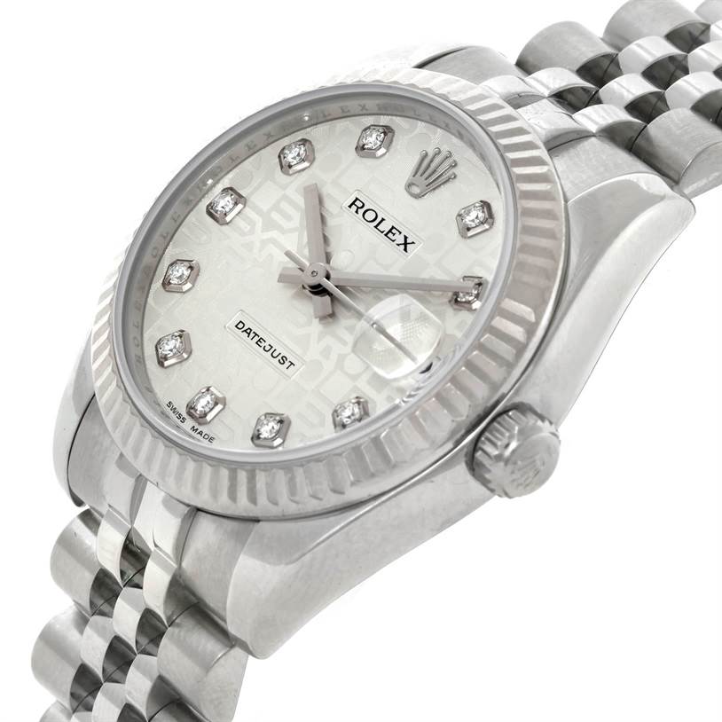 The image shows a Rolex Mid-Size 178274 Women's Stainless Steel Silver Dial 178274 Women's Stainless Steel Silver Dial Datejust watch at an angled side view, highlighting the watch face, bezel, and part of the bracelet.