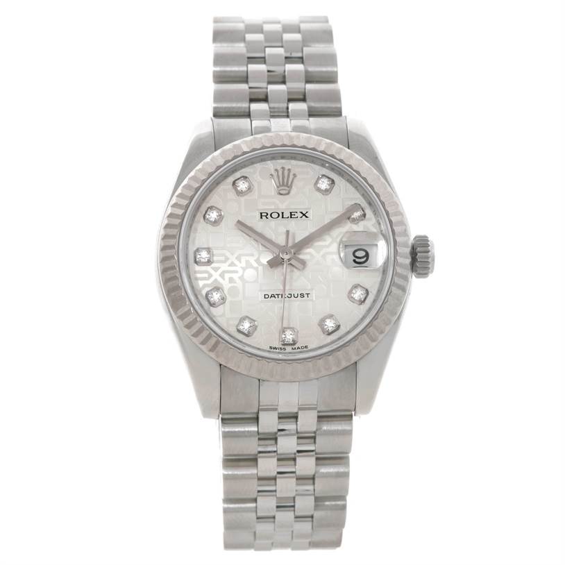 This image shows a front view of a Rolex Mid-Size 178274 Women's Stainless Steel Silver Dial 178274 Women's Stainless Steel Silver Dial Datejust watch featuring its dial, bezel, crown, and bracelet.