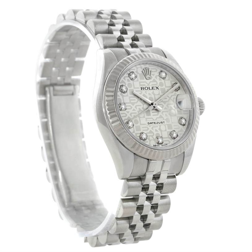 The image shows a front-side angle of a Rolex Mid-Size 178274 Women's Stainless Steel Silver Dial 178274 Women's Stainless Steel Silver Dial Datejust, highlighting the dial, bezel, and part of the bracelet.
