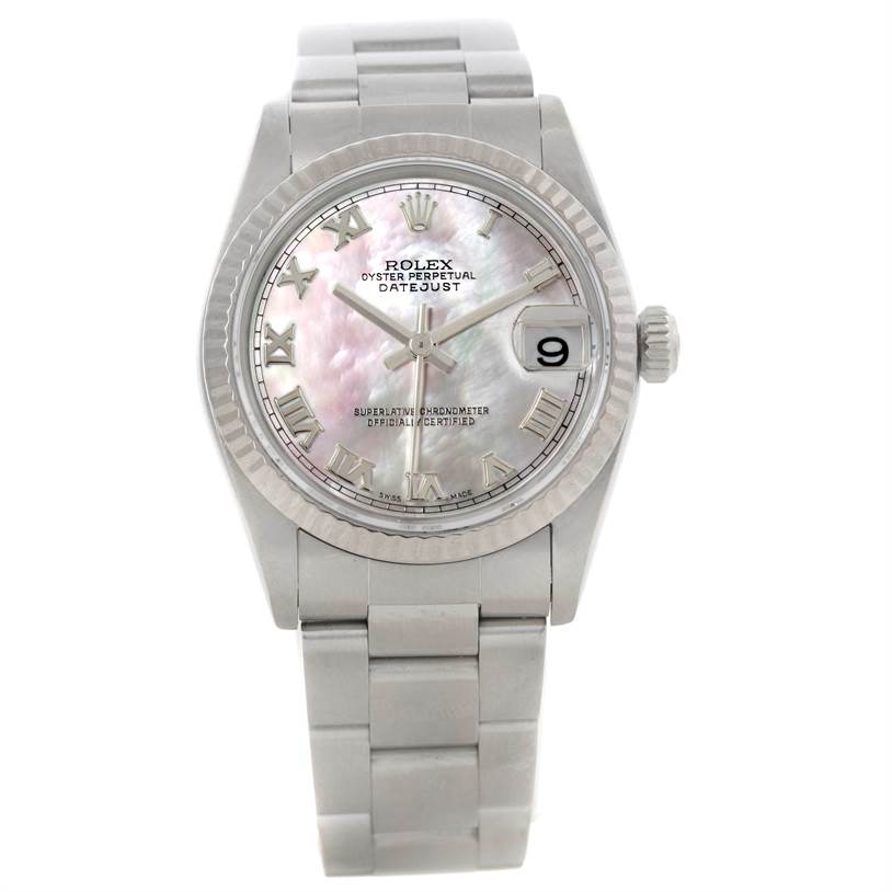 This image shows a front view of a Mid-Size Rolex Oyster Perpetual Datejust watch, featuring its face, bezel, and bracelet.