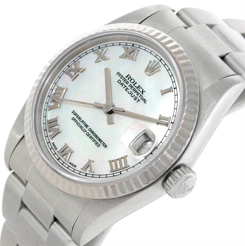 This image shows the angled front view of a Rolex Mid-Size 78274 Women's Stainless Steel Mother of Pearl Dial 78274 Women's Stainless Steel Mother of Pearl Dial Oyster Perpetual Datejust watch, highlighting its dial, bezel, and bracelet.