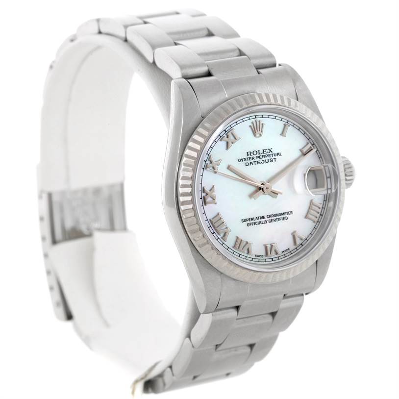 The Rolex Mid-Size 78274 Women's Stainless Steel Mother of Pearl Dial 78274 Women's Stainless Steel Mother of Pearl Dial Datejust watch is displayed at a 3/4 angle, showing the face, bezel, and part of the bracelet.