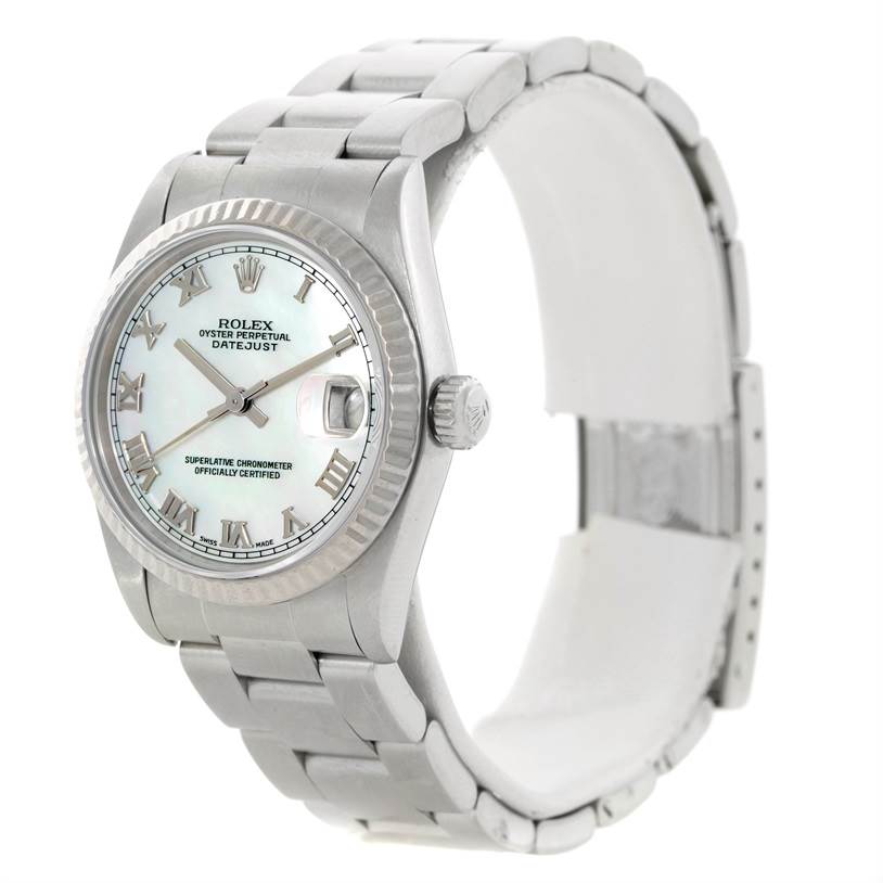 The image shows a Rolex Oyster Perpetual Datejust Mid-Size model watch from a front left angle, displaying the face and bracelet.