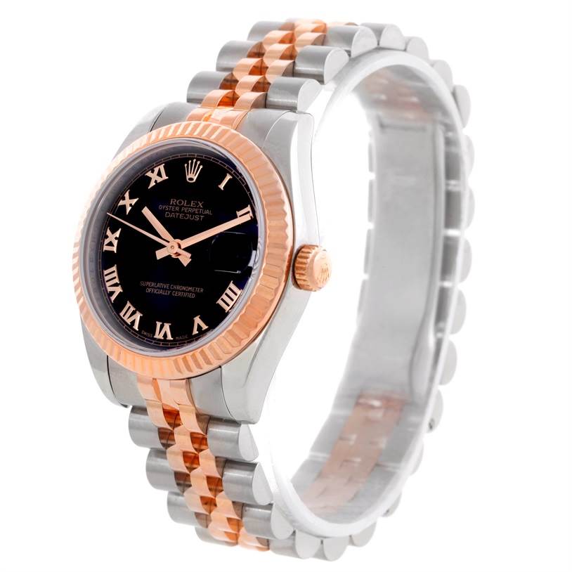 The Rolex Mid-Size 178271 Women's Steel and Gold (two tone) Black Dial 178271 Women's Steel and Gold (two tone) Black Dial Datejust watch is shown at a three-quarter angle, displaying the dial, bezel, crown, and bracelet.