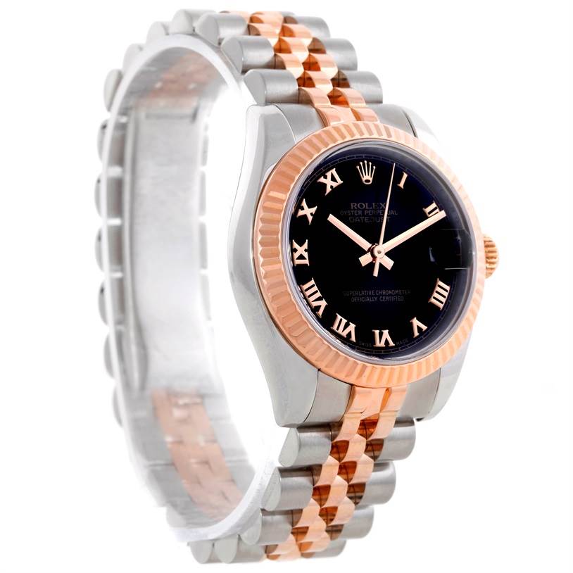 This Rolex Mid-Size 178271 Women's Steel and Gold (two tone) Black Dial 178271 Women's Steel and Gold (two tone) Black Dial model watch is shown at a front-left angle, displaying its black dial, two-tone bezel, and metal link bracelet.