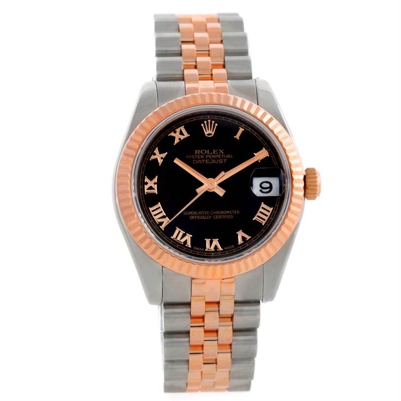 This image shows a front view of the mid-size Rolex Datejust with a two-tone rose gold and stainless steel bracelet.