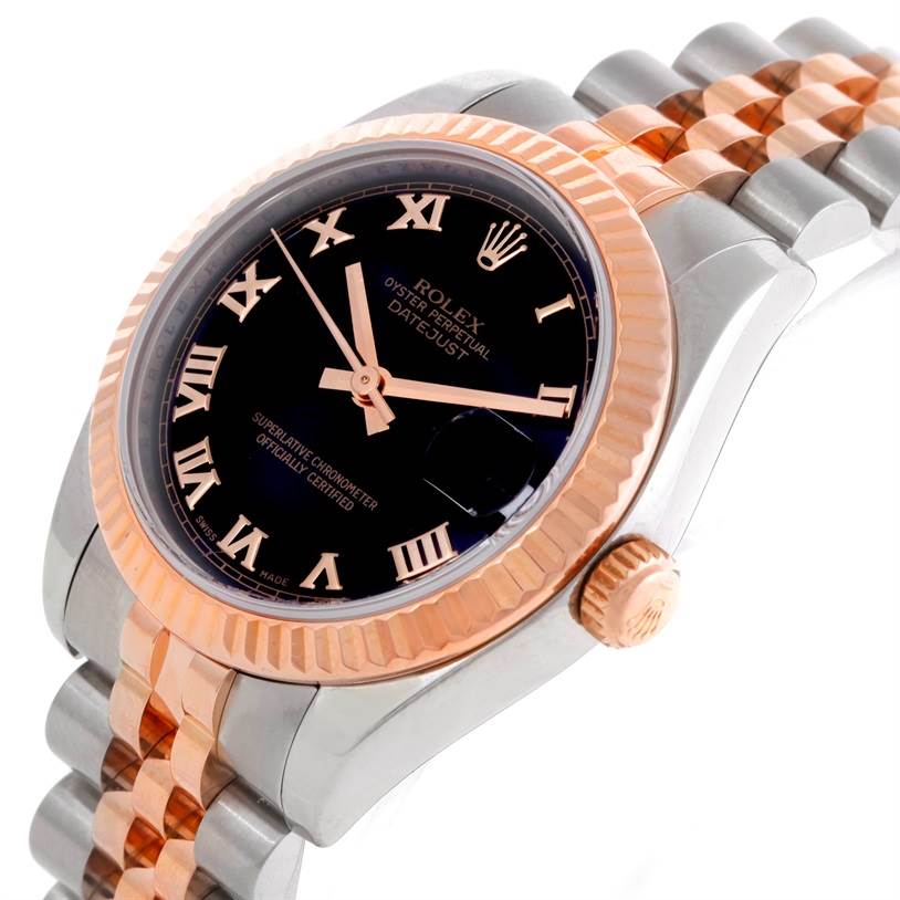 The Rolex Mid-Size 178271 Women's Steel and Gold (two tone) Black Dial 178271 Women's Steel and Gold (two tone) Black Dial model is shown from a side angle, highlighting the watch face, bezel, and band.