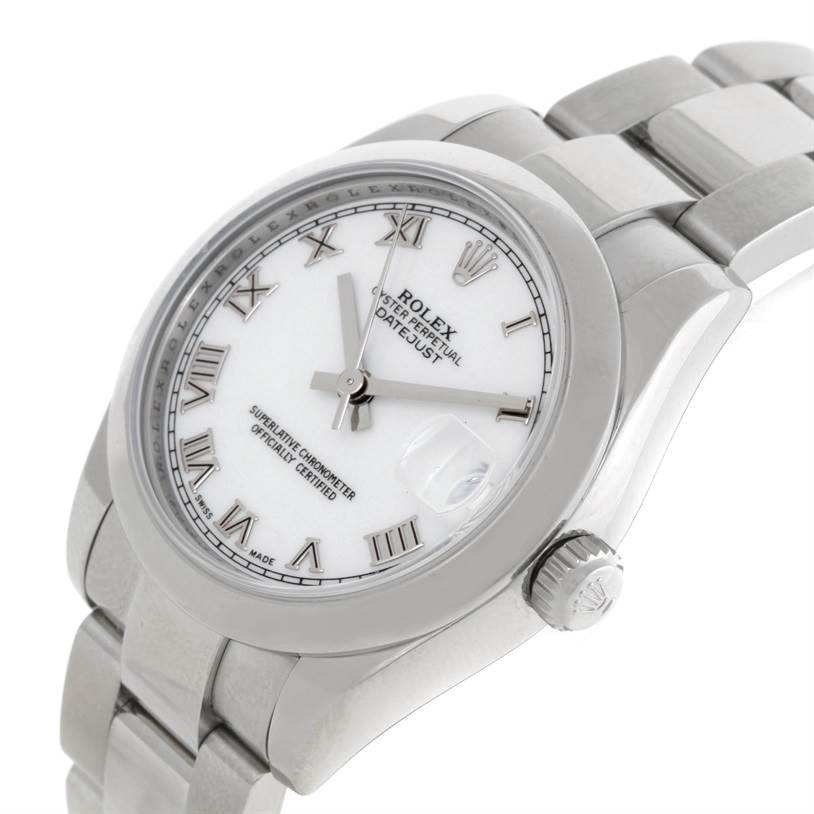 This image shows a close-up side angle of a Rolex Mid-Size 178240 Men's Stainless Steel White Dial 178240 Men's Stainless Steel White Dial Datejust, highlighting the face, crown, and part of the bracelet.