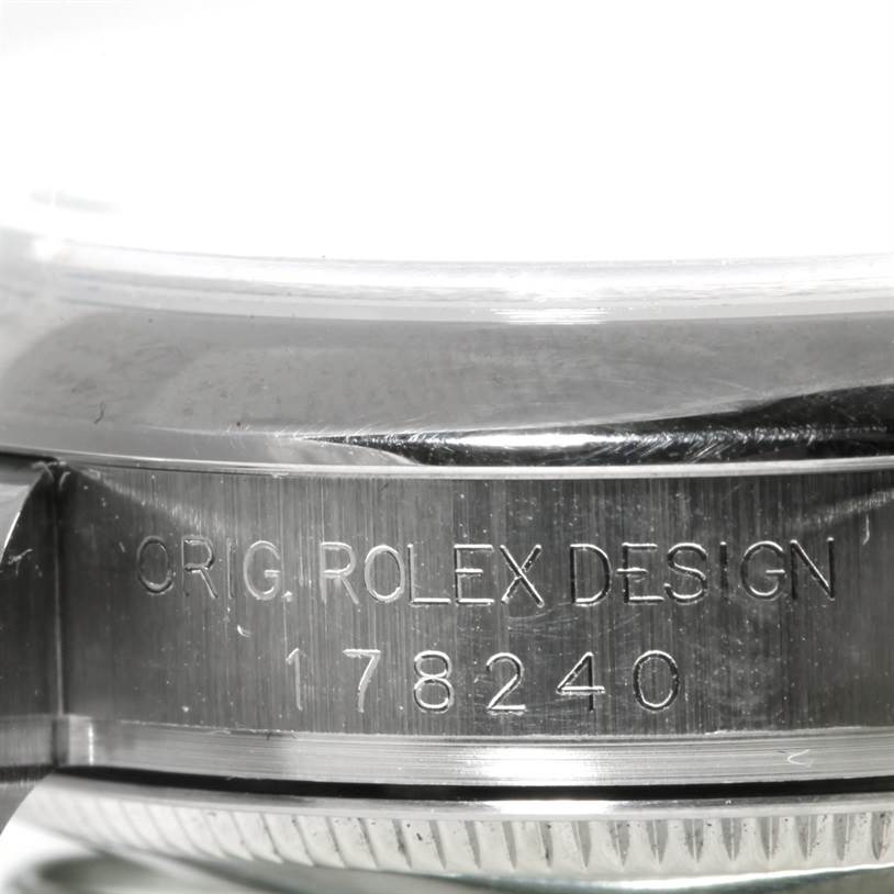 This image shows a close-up of the case side of a Mid-Size Rolex watch model 178240 with the engraving "ORIG. ROLEX DESIGN."