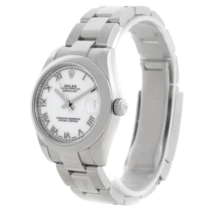 The image shows a stainless steel Rolex Oyster Perpetual Datejust Mid-Size model watch angled from the front and side.