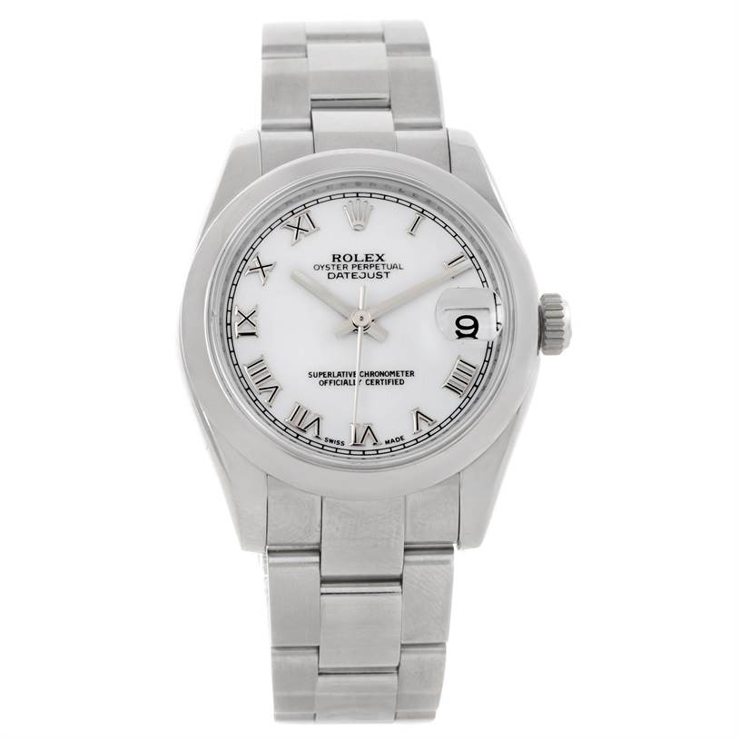 This image shows a front view of a Rolex Mid-Size 178240 Men's Stainless Steel White Dial 178240 Men's Stainless Steel White Dial Oyster Perpetual Datejust watch, displaying its dial, bezel, and bracelet.