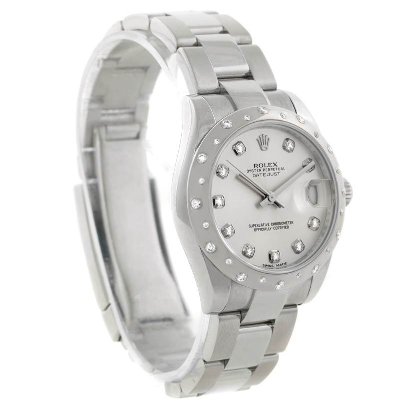 The image shows a right-front angled view of a Rolex Datejust Mid-Size watch, displaying the bracelet and diamond-studded dial.
