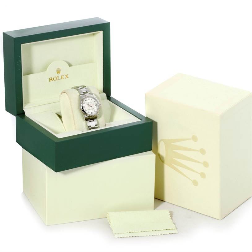 The image shows a Rolex Mid-Size 178344 Women's Stainless Steel Silver Dial 178344 Women's Stainless Steel Silver Dial watch in an open box, with another box and a cleaning cloth beside it.