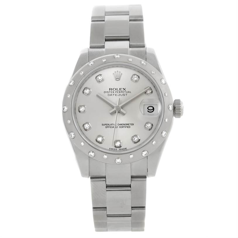 This image shows a front view of a Mid-Size Rolex Oyster Perpetual Datejust watch, featuring a silver dial, date window, and diamond hour markers.