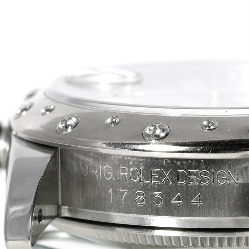 The image shows a close-up side view of a mid-size Rolex watch, focusing on the bezel with diamonds and engraved model number "178344."