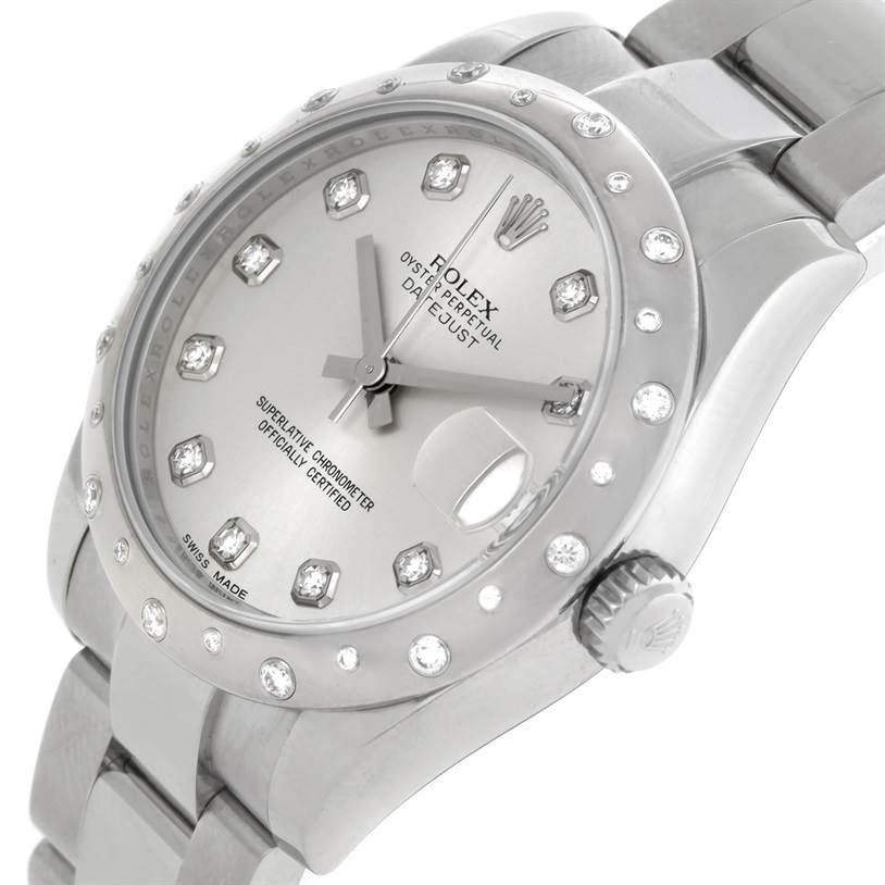 This image shows a close-up angle of the dial, bezel, and bracelet of the mid-size Rolex Oyster Perpetual Datejust.