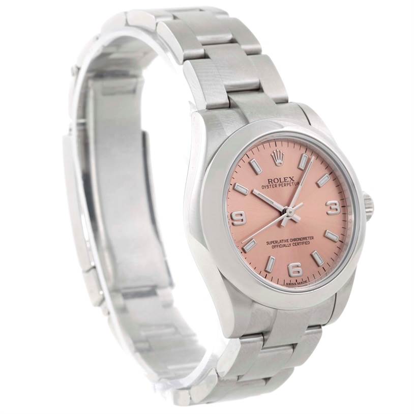 The Rolex Mid-Size 177200 Women's Stainless Steel Pink Dial 177200 Women's Stainless Steel Pink Dial model watch is shown at a three-quarter angle, highlighting the bracelet, dial, and case.