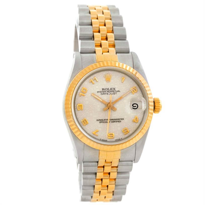 The Rolex Mid-Size 68273 Women's Steel and Gold (two tone) Beige Dial 68273 Women's Steel and Gold (two tone) Beige Dial Datejust watch is shown at a frontal angle, highlighting its two-tone bracelet, dial, bezel, and crown.