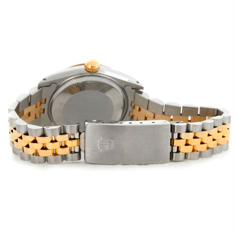 This image shows the back and bracelet of the Rolex Mid-Size 68273 Women's Steel and Gold (two tone) Beige Dial 68273 Women's Steel and Gold (two tone) Beige Dial model, highlighting the two-tone metal design and clasp.