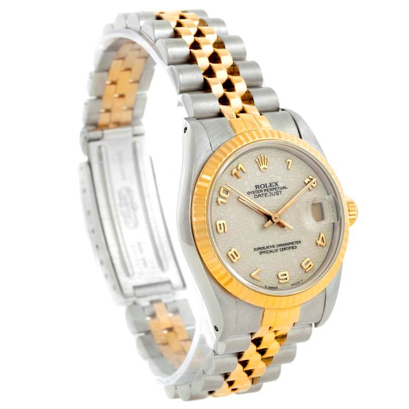 The Rolex Mid-Size 68273 Women's Steel and Gold (two tone) Beige Dial 68273 Women's Steel and Gold (two tone) Beige Dial Datejust watch is shown at a three-quarter angle, displaying the face, bracelet, and clasp.