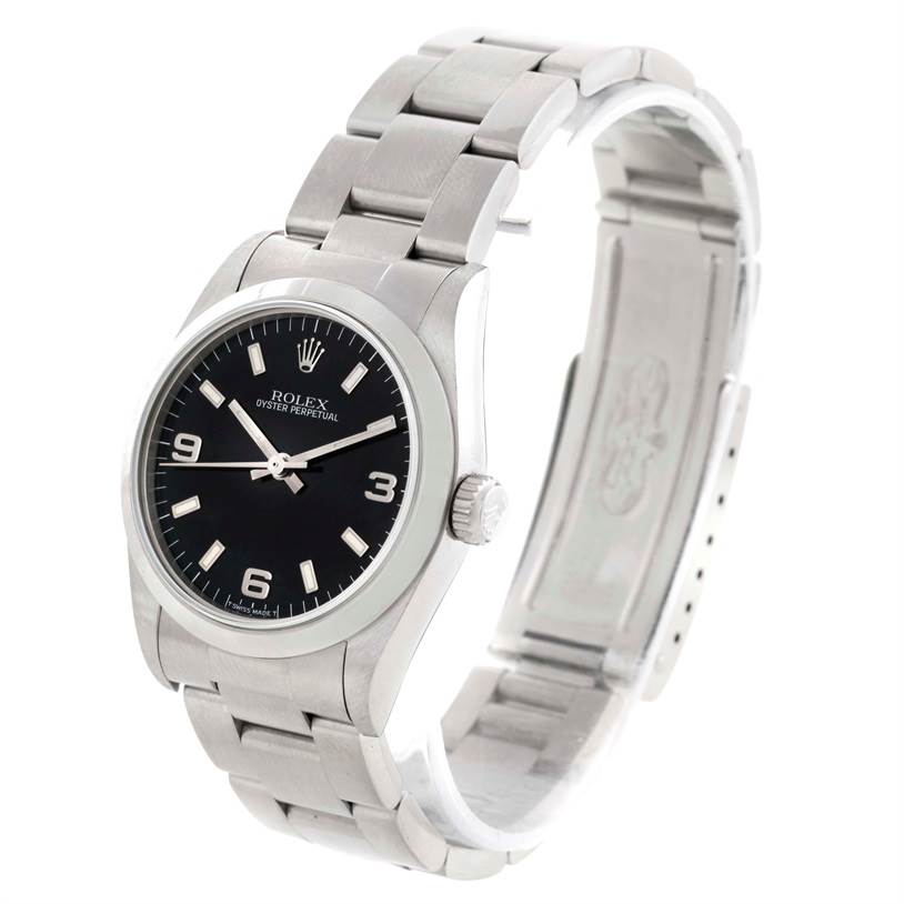 This image shows a Rolex Mid-Size 67480 Women's Stainless Steel Black Dial 67480 Women's Stainless Steel Black Dial Oyster Perpetual watch angled to display its face, bezel, crown, and bracelet.