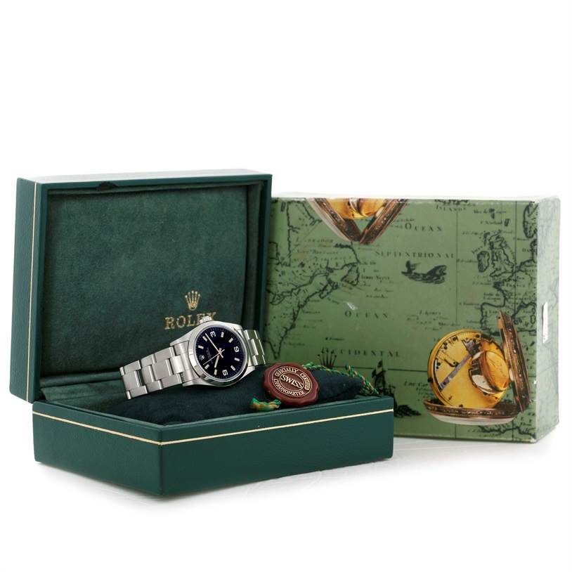 The image shows a Rolex Mid-Size 67480 Women's Stainless Steel Black Dial 67480 Women's Stainless Steel Black Dial model watch in its open box with the outer packaging visible alongside.