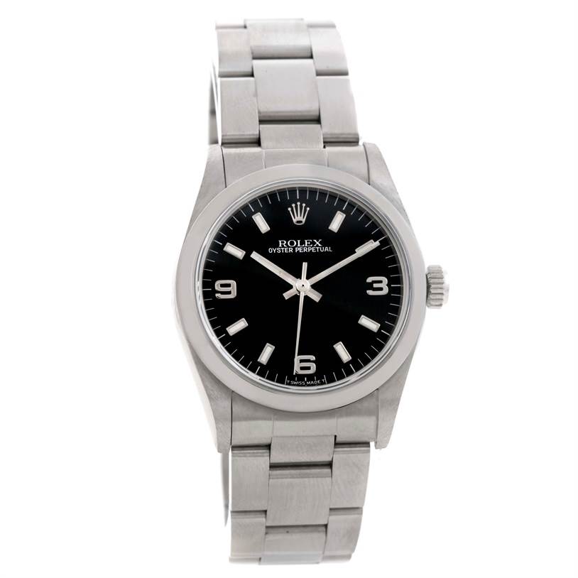 This image shows a front view of a Rolex Mid-Size 67480 Women's Stainless Steel Black Dial 67480 Women's Stainless Steel Black Dial model, displaying its black dial, hour markers, and stainless steel bracelet.