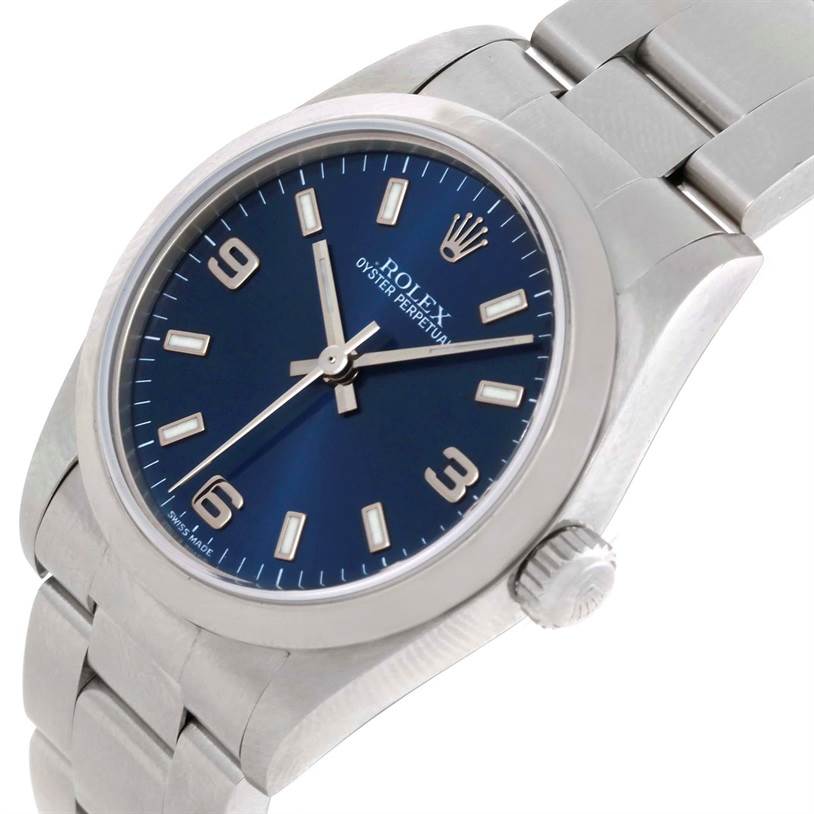 This image shows a Mid-Size Rolex watch at an angled view, highlighting its dial, crown, and part of the bracelet.