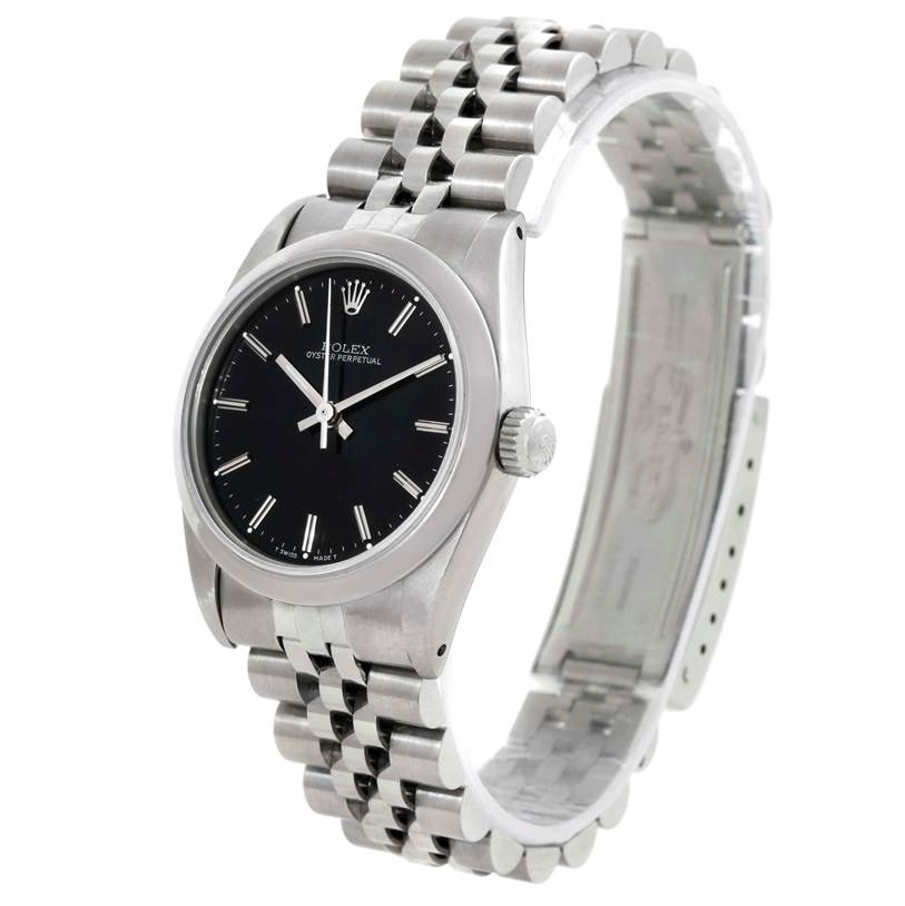 This Rolex Oyster Perpetual Mid-Size watch is shown at a three-quarter angle, highlighting the black dial, case, and bracelet.
