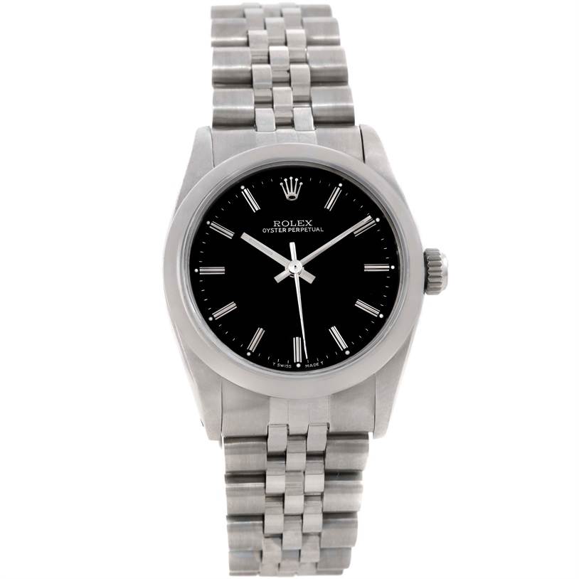 This image shows a front view of a Rolex Oyster Perpetual Mid-Size watch, displaying the face and bracelet.