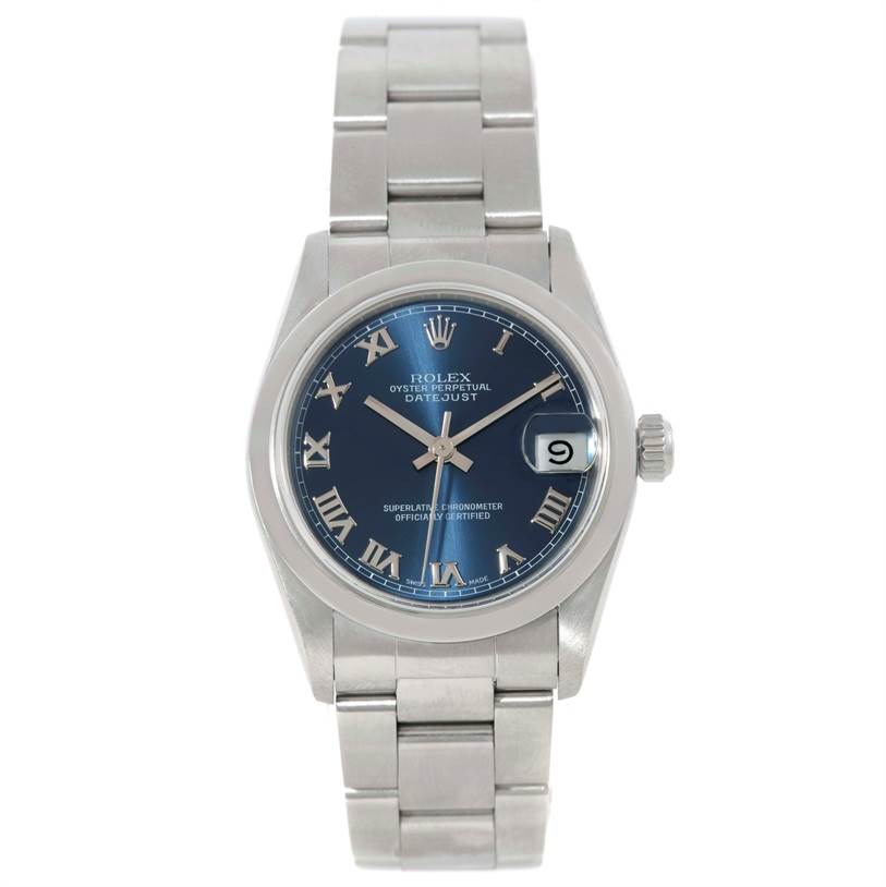 The image shows a front view of a Rolex Mid-Size 68240 Women's Stainless Steel Blue Dial 68240 Women's Stainless Steel Blue Dial Datejust watch, including the dial, case, bracelet, and date window.