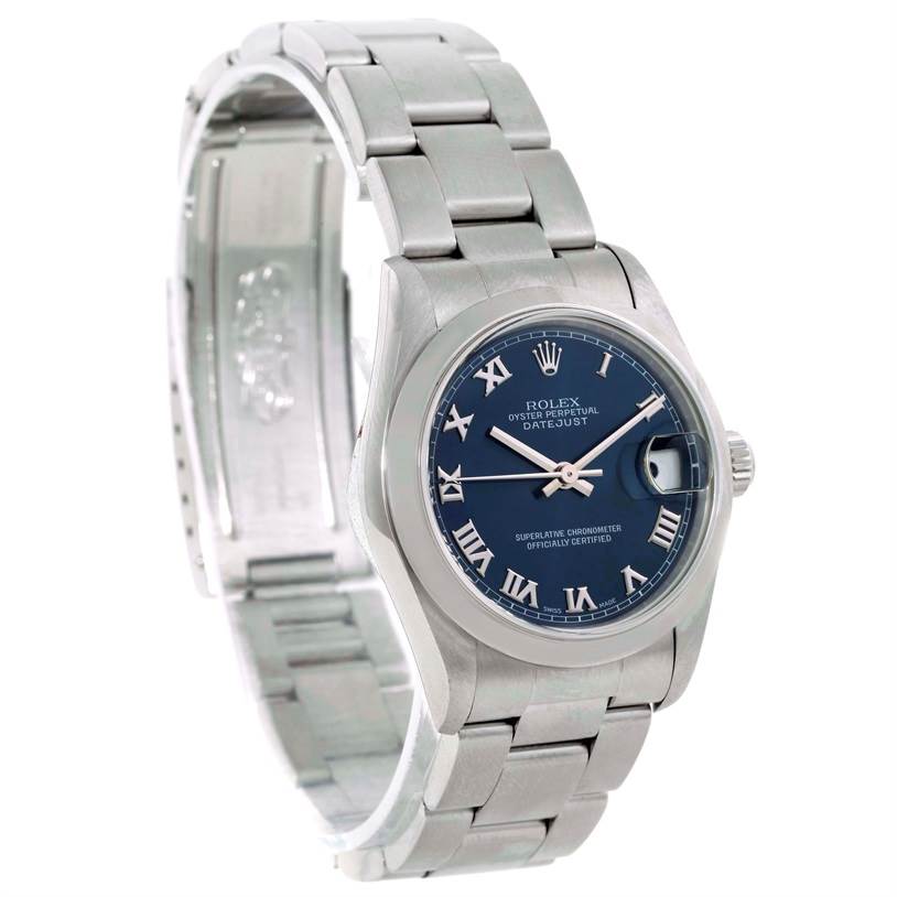 A side angle view of the Rolex Datejust Mid-Size watch, highlighting the bracelet, blue dial, and case.