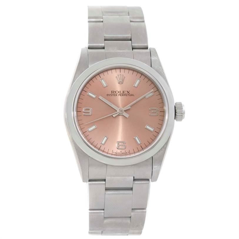 The image shows a front view of a Rolex Mid-Size 77080 Women's Stainless Steel Pink Dial 77080 Women's Stainless Steel Pink Dial Oyster Perpetual watch with a silver bracelet and a pink dial.