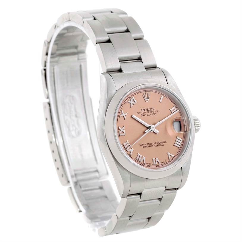 This Rolex Mid-Size 78240 Women's Stainless Steel Pink Dial 78240 Women's Stainless Steel Pink Dial Datejust watch is shown at a three-quarter angle, featuring its bracelet, clasp, and pink dial with Roman numerals.