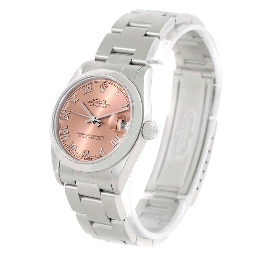 This Rolex Mid-Size 78240 Women's Stainless Steel Pink Dial 78240 Women's Stainless Steel Pink Dial watch model shows a front-left angle, featuring the face, crown, and stainless steel bracelet.