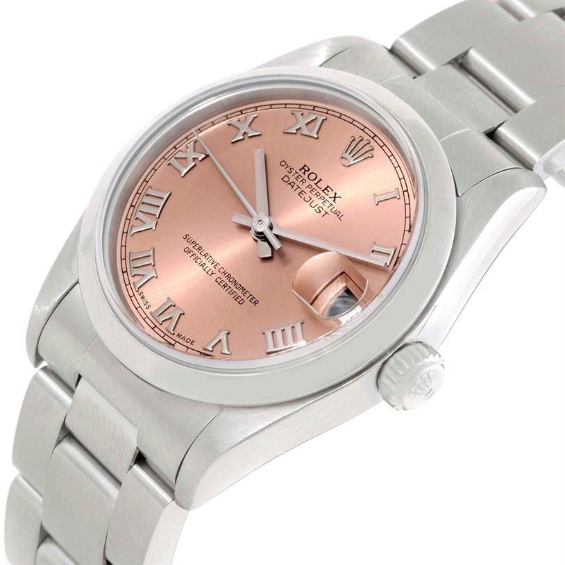 This image shows a close-up side angle of a Rolex Mid-Size 78240 Women's Stainless Steel Pink Dial 78240 Women's Stainless Steel Pink Dial Datejust watch, highlighting its pink dial, Roman numerals, and metal bracelet.