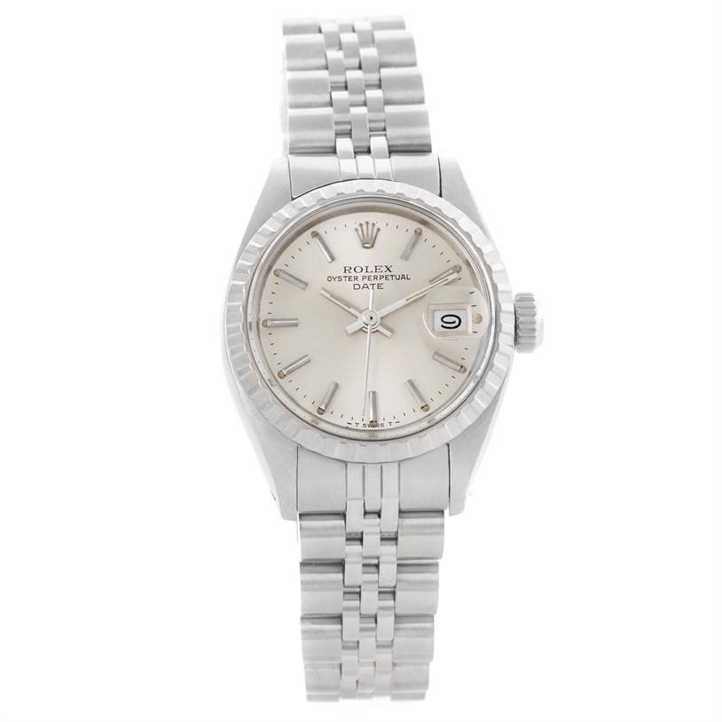 The image shows a front view of the Rolex Date 6924 Women's Stainless Steel Silver Dial 6924 Women's Stainless Steel Silver Dial model watch, highlighting the dial, case, and bracelet.