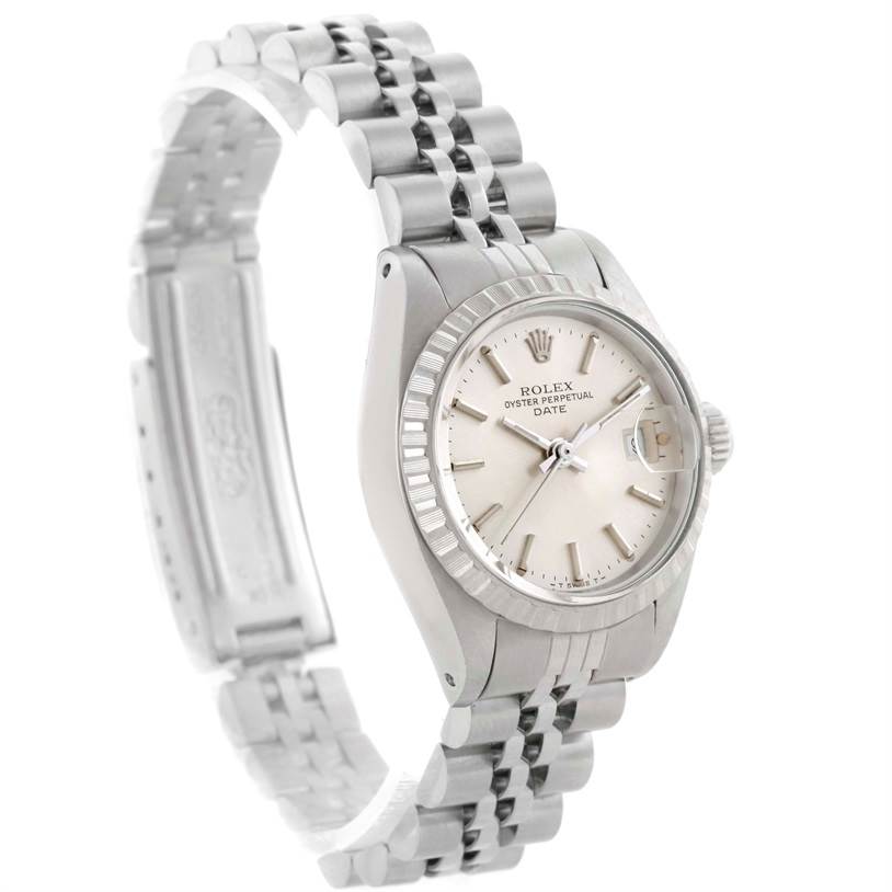 This Rolex Date 6924 Women's Stainless Steel Silver Dial 6924 Women's Stainless Steel Silver Dial model watch is shown at an angle displaying the face, bezel, crown, and metal bracelet.